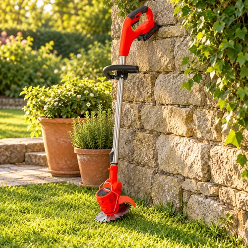 Il decespugliatore appoggiato a un muretto del giardino
